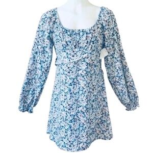 Altar’d State Mini Dress Womens Large Blue Floral Ditsy Empire Waist Bow NWT